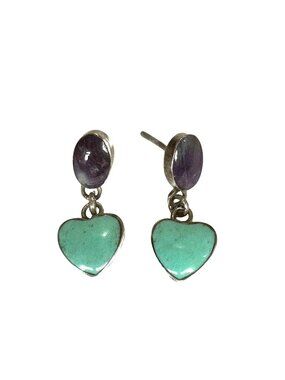 Unmarked Silver Purple & Turquoise Heart Dangle Earrings